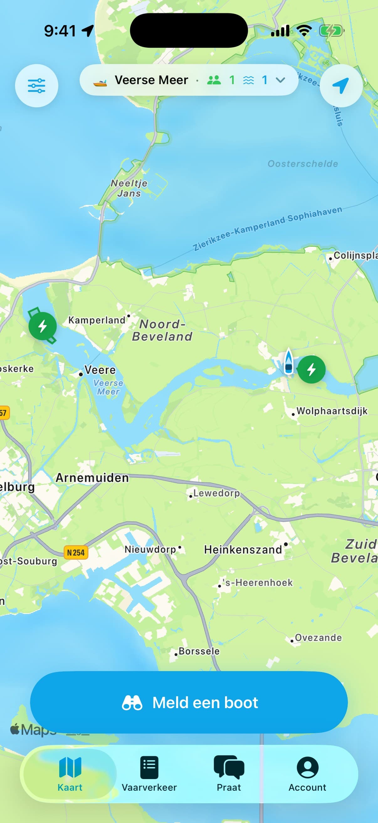 De kaart in Vaarmeister met een boot op het Veerse Meer, plus weer, wind en waterstand