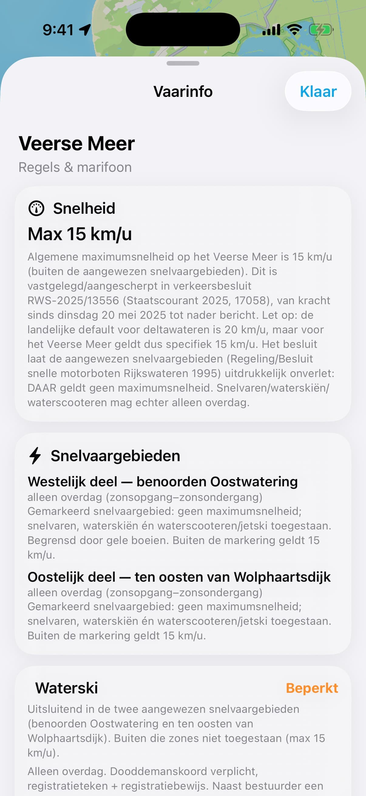 Het scherm met vaarregels en snelvaargebieden