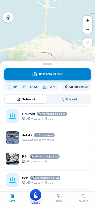 De kaart in de Vaarmeister-app: boten op het Veerse Meer, met weer, wind en waterstand